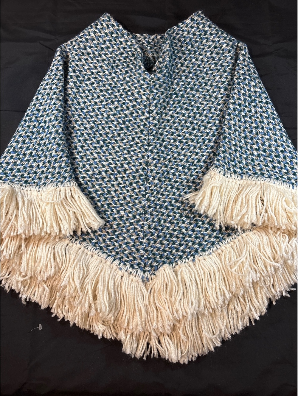 Vintage 70’s Style Blue Cream Knit Fringe Poncho Cape